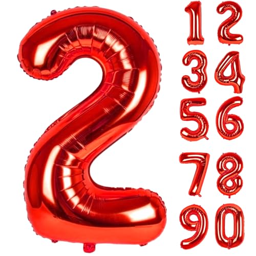 Zahlen Luftballons Geburtstag 2 Rot, Folienballon Riesen 84cm Helium Ballons Zahl Luftballon Zahlenluftballons Geburtstagsdeko Für Mädchen Junge Kindergeburtstag Babyparty Jubiläum Party Deko von LAPONO