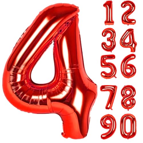 Zahlen Luftballons Geburtstag 4 Rot, Folienballon Riesen 86cm Helium Ballons Zahl Luftballon Zahlenluftballons Geburtstagsdeko Für Mädchen Junge Kindergeburtstag Babyparty Jubiläum Party Deko von LAPONO