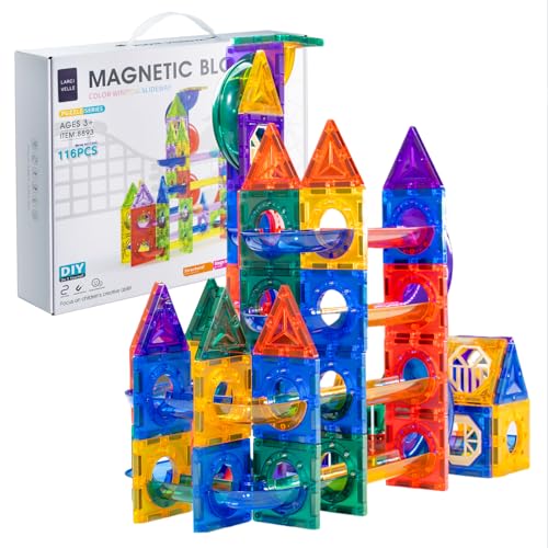 LARCIVELLE Magnetische Bausteine mit Kugelbahnen 116 Teile Murmelbahn Magnetbausteine Montessori Spielzeug für Kinder ab 3 Jahren BMGENB02D von LARCIVELLE