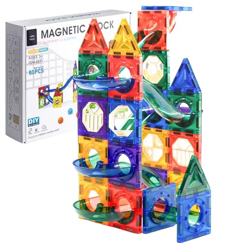 LARCIVELLE Magnetische Bausteine mit Kugelbahnen 60 Teile Murmelbahn Magnetbausteine Montessori Spielzeug für Kinder ab 3 Jahren BMGENB01D von LARCIVELLE