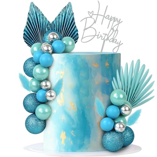 LARDUX 29 Stück Kuchendekorationen Geburtstag Kuchen Topper DIY Palmblätter Boho Mini Ballon Cupcake Einsatz für Junge Mann Geburtstag Party Dekor (Blau Glitzer) von LARDUX