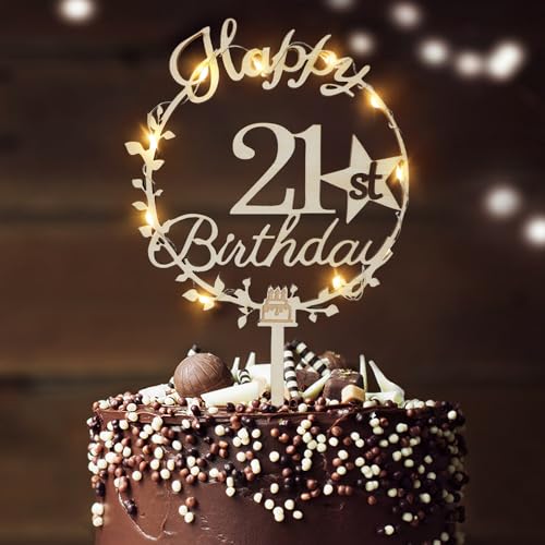 LED-Kuchenaufsatz "Happy Birthday", personalisierbar, 18., 21., 30., 40., 50., 60., 70., 80. Geburtstag, doppelseitig, Kuchendekoration (21.) von LARDUX