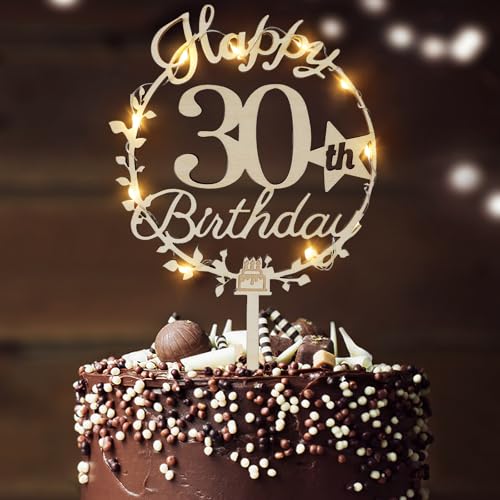 LED-Kuchenaufsatz "Happy Birthday", personalisierbar, 18., 21., 30., 40., 50., 60., 70., 80. Geburtstag, doppelseitig, Kuchendekoration (30.) von LARDUX