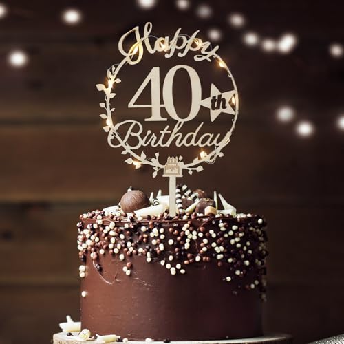 LED-Kuchenaufsatz "Happy Birthday", personalisierbar, 18., 21., 30., 40., 50., 60., 70., 80. Geburtstag, doppelseitig, Kuchendekoration (40.) von LARDUX