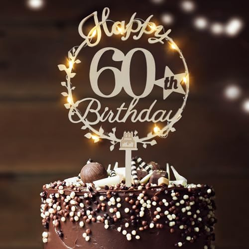 LED-Kuchenaufsatz "Happy Birthday", personalisierbar, 18., 21., 30., 40., 50., 60., 70., 80. Geburtstag, doppelseitig, Kuchendekoration (60.) von LARDUX
