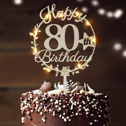 LED-Kuchenaufsatz "Happy Birthday", personalisierbar, 18., 21., 30., 40., 50., 60., 70., 80. Geburtstag, doppelseitig, Kuchendekoration (80. Geburtstag) von LARDUX