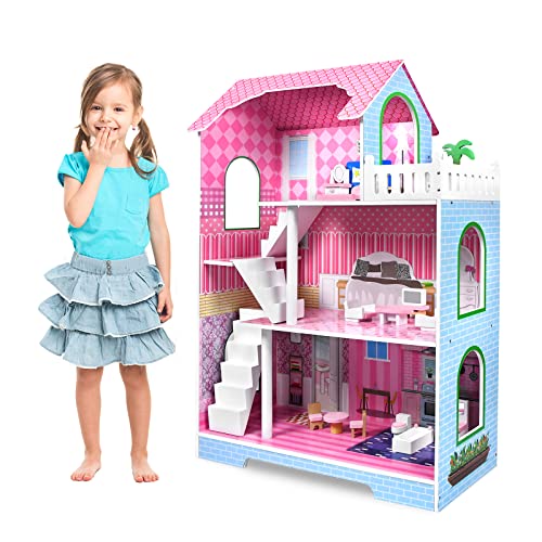 LARS360 Rosa Puppenhaus Holz Große Puppenvilla Mädchen Spielset mit Möbeln und Zubehör Dollhouse 3 Etagen Barbyhaus Leicht zu Montieren, Sicher und Umweltfreundlich (100 x 36 x 70cm), LARS-(ELC1073) von LARS360