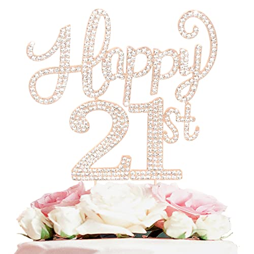 Happy 21st Birthday Decorations,21st Birthday Gold Rhinestone Cake Topper - Cheers to 21 Years Old Bday Party Metall Glitzernde Kuchendekoration Schild von LASKYER