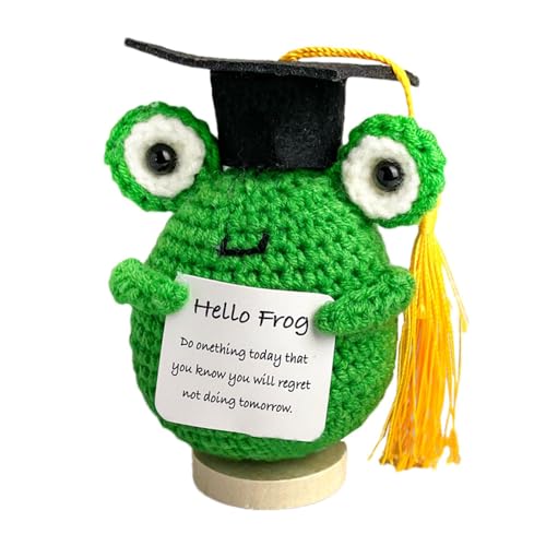 LATAFA Positiver Frosch gehäkelt – Stofftier-Abschlusspuppe 2024 | Gehäkelter süßer Mini-Abschlussplüsch, weiche emotionale Unterstützungspuppe, positiv gestricktes Spielzeug für den Abschluss von LATAFA