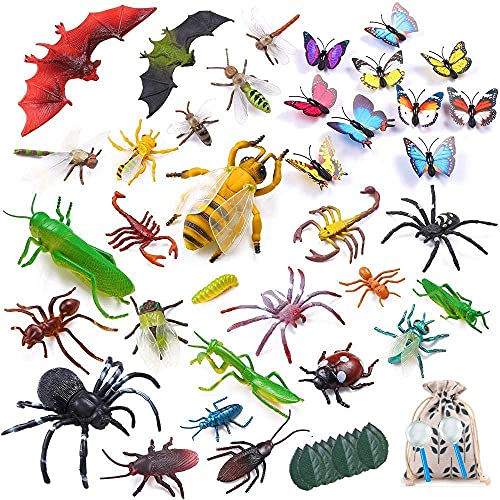 45Pcs Kunststoff Insektenfiguren Kits, 35Pcs lebensechte verschiedene Insektenfiguren Spielzeug für Kinder Bildung, Insekten Themen Party Favors - mit 2Pcs Lupe, 10Pcs Blätter, Aufbewahrungstasche von LATERN
