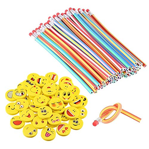 LATERN 80pcs Biegebleistift Kinder und Emoji Smiley Radiergummis, Biegbare Bleistifte,Flexible Biegsame Bleistifte für Kinder,Party und Kleiner Geschenke von LATERN