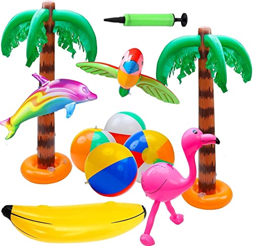 LATERN 11 Stück Aufblasbare Palmen Aufblasbar Flamingos Papagei Banane Strand Bälle Spielzeug für Hawaii Party Dekor Luau Party Strand Hintergrund - mit EIN Luftpumpe von LATERN