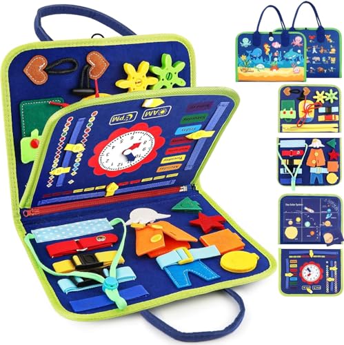LATERN Busy Board Montessori Spielzeug für Kinder, 28CM x 21CM Pädagogisches Lernspielzeug Sensorisches Brett Entwicklung Feinmotorischen für Jungen Mädchen Geschenk Flugzeug Auto Reisen (Blau) von LATERN