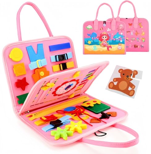 LATERN Busy Board Montessori Spielzeug für Kinder, 28CM x 21CM Pädagogisches Lernspielzeug Sensorisches Brett Entwicklung Feinmotorischen für Jungen Mädchen Geschenk Flugzeug Auto Reisen (Rosa) von LATERN