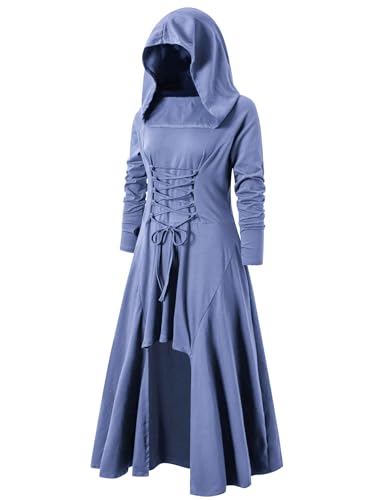 LATH.PIN Mittelalterliches Kleid mit Kapuze Damen Langarm Asymmetrisches Kleid Gothic Cosplay Kostüm Halloween Karneval Party Party, Blau von LATH.PIN