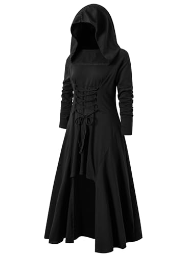 LATH.PIN Mittelalterliches Kleid mit Kapuze Damen Langarm Asymmetrisches Kleid Gothic Cosplay Kostüm Halloween Karneval Party Party, Schwarz von LATH.PIN