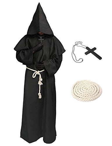 LATH.PIN Mönch Robe Prister Gewand - Mönchskutte Mittelalter Hooded Renaissance Priester Robe Halloween Cosplay (Schwarz, XXL) von LATH.PIN