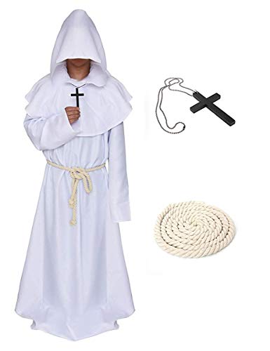 LATH.PIN Mönch Robe Prister Gewand - Mönchskutte Mittelalter Hooded Renaissance Priester Robe Halloween Cosplay (Weiß, M) von LATH.PIN