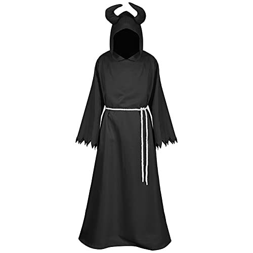 LATH.PIN Priester Robe Mönch Schwarz Kostüm Mittelalter Umhang mit Robenhaube Kreuz Seil Vampir Kostüm Mönchskutte Herren Mantel Gotik Ritter Cape Lang Halloween Unisex Cosplay (X-Schwarz, XXL) von LATH.PIN