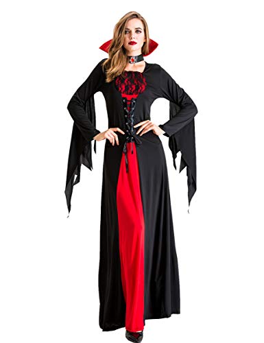 LATH.PIN Vampirkleid Damen Cosplay Kostüm Mittelalter Rot-Schwarzem Maxikleid Mit Schmuckstein Stehkragen Und Taillenschnüre Für Erwachsener Halloween Karneval Party Nachtclub Masquerade (M) von LATH.PIN