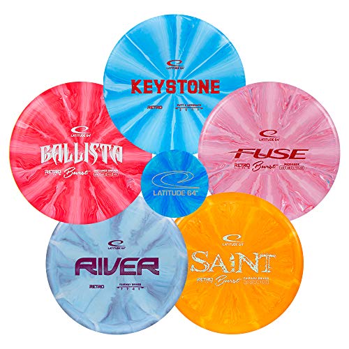 Latitude 64 Retro Burst Disc Golfscheiben-Set (5er-Pack) – perfekt für Anfänger bis Fortgeschrittene | inklusive Keystone, Sicherung, River, Saint, Ballista + Mini | Griffige Basis aus Kunststoff | von LATITUDE 64° GOLF DISCS