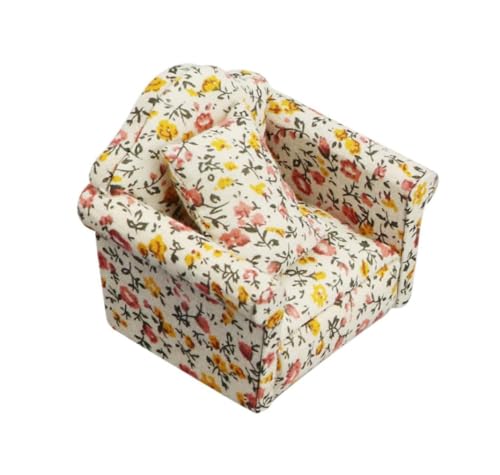LATRAT Puppenhaus Sofa, 1:12 Puppenhaus Miniatur Möbel Modell Tuch Blumenmuster Couch Sessel Sofa Mit Kissen, Zubehör Blumenmuster Mini Möbel Sofa Set mit Rückenkissen (gelbe Blumen) von LATRAT