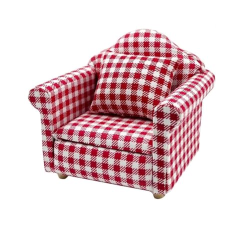 LATRAT Puppenhaus Sofa, 1:12 Puppenhaus Miniatur Möbel Modell Tuch Blumenmuster Couch Sessel Sofa Mit Kissen, Zubehör Blumenmuster Mini Möbel Sofa Set mit Rückenkissen (Rotes Gitter) von LATRAT