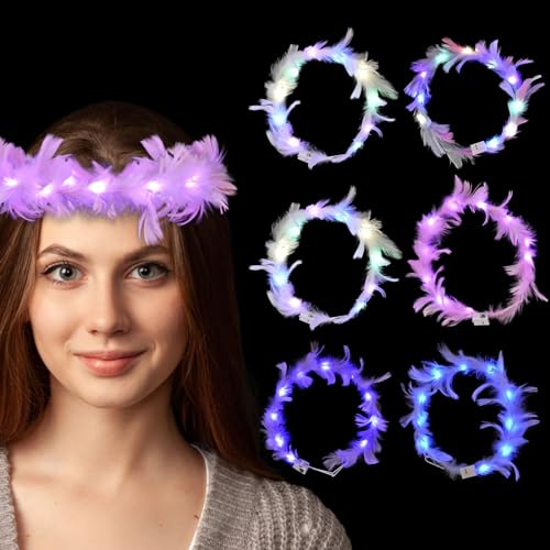 LED Federkranz Stirnband, 6 Pcs Leuchtender Haarkranz Feder, LED Blumenkranz Haare, LED-Feder-Stirnbänder, Leuchtendes Haarrei, Lichterkette mit Federn, Party-Haarschmuck Für Frauen und Mädchen LED Federkranz Stirnband, 6 Pcs Leuchtender Haarkranz Feder, LED Blumenkranz Haare, LED-Feder-Stirnbänder, Leuchtendes Haarrei, Lichterkette mit Federn, Party-Haarschmuck Für Frauen und Mädchen von LATTCURE
