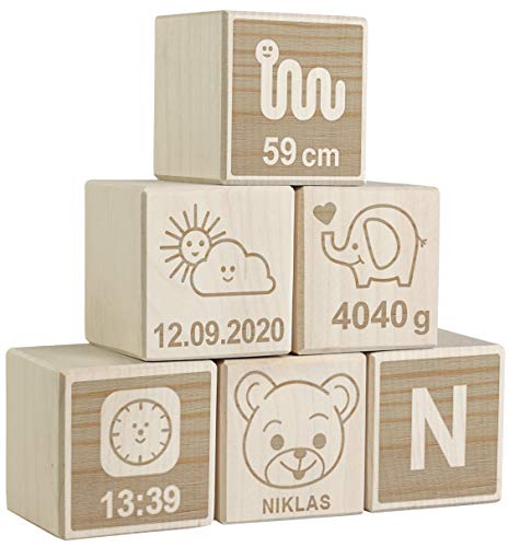 LAUBLUST 6er Set Holzwürfel mit Gravur - Teddybär, Natur - Personalisiertes Geschenk zur Geburt | Erinnerung & Deko von LAUBLUST