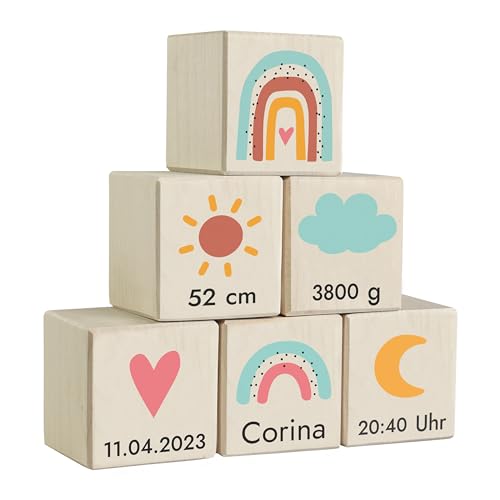 LAUBLUST Holzwürfel Baby Personalisiert mit Namen - Holzspielzeug mit Gravur - 6er Würfel Set - Regenbogen | 50x50x50mm groß, Holz, Natur - für Kinder ab 1 Jahr | Personalisiertes Geschenk zur Geburt von LAUBLUST