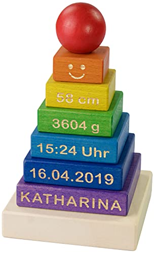 LAUBLUST Stapelturm Personalisiert - Name & Geburtsdaten - Steckturm Holz, Bunt ca. 11x11x19 cm - Geschenk zur Geburt & Taufe von LAUBLUST