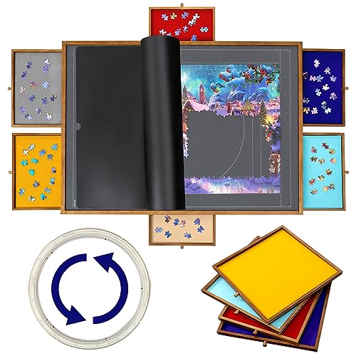 Lavievert 1500-teiliges drehbares Puzzlebrett mit 6 farbigen Schubladen und Abdeckung, Holz-Puzzle-Plateau mit drehender Lazy Susan, tragbarer Puzzletisch mit rutschfester Oberfläche für Erwachsene von LAVIEVERT