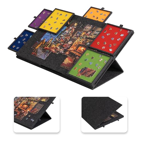 Lavievert 1500-teiliges neigbares Puzzlebrett mit 2-in-1-Ständer und Abdeckung, leichtes Filz-Puzzle-Plateau mit 6 farbigen Schubladen, tragbarer Puzzle-Tisch mit Stauraum für Erwachsene, Dunkelgrau von LAVIEVERT