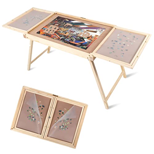 Lavievert Cabriolet und Faltdesign, Tragbarer Holzpuzzle-Tisch / -Brett mit versenkbaren Beinen, faltbaren Sortierschalen, durchscheinender Abdeckung für bis zu 1.500 Teile Puzzle von LAVIEVERT