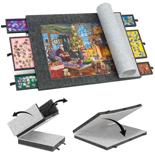 Lavievert Faltbares Puzzlebrett mit 6 Sortierfächern/Schubladen, Leichter tragbarer Puzzletisch mit Abdeckmatte, faltbares Filzpuzzlebrett zur Aufbewahrung von Puzzles, für bis zu 1500 Teile von LAVIEVERT