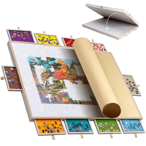 Lavievert Faltbares Puzzlebrett mit Deckel, leichtes Filzpuzzle-Plateau mit 10 bunten Schubladen für Erwachsene, tragbares Puzzlebrett für bis zu 2000 Teile von LAVIEVERT