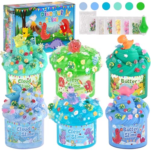 LAWOHO 6 Dinosaurier Slime Set - Wolkenschleim, Butterschleim & Klarer Schleim für Kinder, Fluffy Slime mit Dinosaurier-Schleim Add-ins, 360ml Blauer & Grüner Schleim für Mädchen & Jungen Weihnachten von LAWOHO