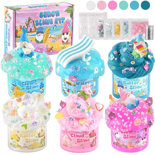 LAWOHO 6 Meerjungfrau Gnomes Slime Set- Wolkenschleim, Butterschleim, Water & Clear Slime, Kinder Schleim Set mit GNOME Add-ins, Fluffy Schleim Kits für Mädchen & Jungen, 360ml Blau & Rosa Ostern Kit von LAWOHO