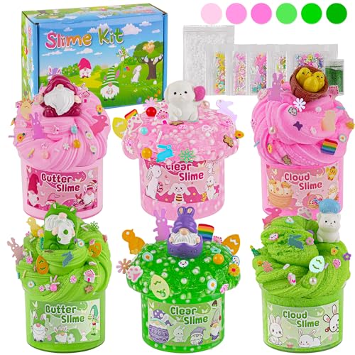 LAWOHO 6 Hase Slime Set - Wolkenschleim, Butterschleim & Clear Schleim für Kinder, Fluffy Slime mit Ostern Schleim Add-ins, 360ml Blau & Grün KinderSchleim Kits für Mädchen & Jungen Weihnachtstag von LAWOHO
