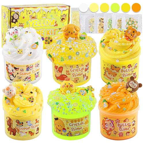 LAWOHO 6 Stück Farbverlauf Gelb Slime Set - Fluffy Cloud Wolkenschleim, Butter Schleim & Clear Slime, Kinder Crunchy Slime, Geburtstag Halloween Weihnachten Geschenk für Mädchen & Jungen (Wildtiere) von LAWOHO