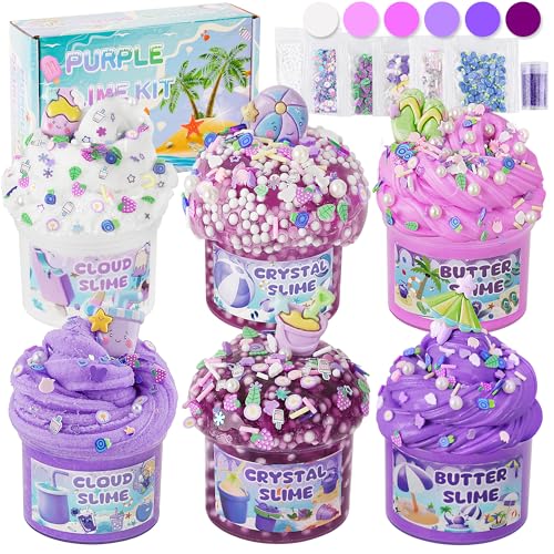 LAWOHO 6 Stück Farbverlauf Lila Slime Set - Fluffy Cloud Wolkenschleim, Butter Schleim & Clear Slime, Crunchy Slime für Kinder, Geburtstag Halloween Weihnachten Geschenk für Mädchen & Jungen (Strand) von LAWOHO