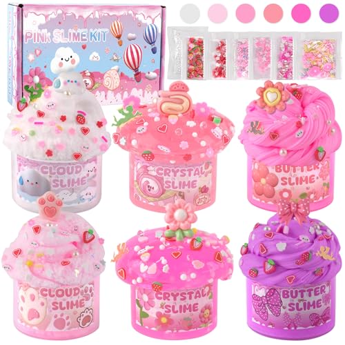 LAWOHO 6 Stück Farbverlauf Rosa Slime Set - Fluffy Cloud Wolkenschleim, Clear Slime & Butter Schleim, Mitgebsel Kindergeburtstag Schleim, Halloween Weihnachten Geschenk für Mädchen, Jungen(Picknick) von LAWOHO