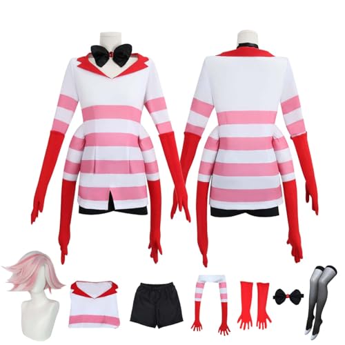 Anime Hazbin Hotel Angel Dust Cosplay Kostüm Rollenspiel Outfit mit Perücke rotem Kragen rosa weißen Streifen Kleid Halloween Comic Con Party Karneval Uniform für Erwachsene und Kinder Unisex Anzug von LBKHNRT