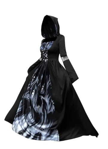 LCHENJIDG Weibliches Halloween Hexenkleid mit Kapuze, geeignet für mittelalterliche Vampir Skelett Hexe Magier Cosplay Bühne Show Kostüm LCHENJIDG Weibliches Halloween Hexenkleid mit Kapuze, geeignet für mittelalterliche Vampir Skelett Hexe Magier Cosplay Bühne Show Kostüm von LCHENJIDG