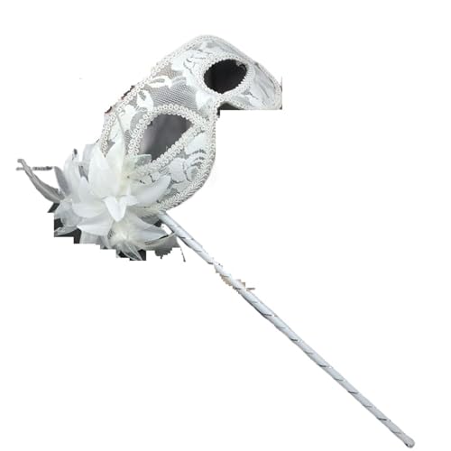 LCKKJHG Federmaske Maskerade Maske Handheld Seite Blume Durchscheinende Feder Lilie Flache Kopf Spitze(White) von LCKKJHG