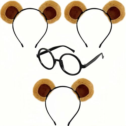 LCPQMZGH Streifenhörnchen-Ohr-Stirnbänder und runder Brillenrahmen, 3 Stirnbänder, 1 Brille, Halloween-Kostüm-Zubehör von LCPQMZGH