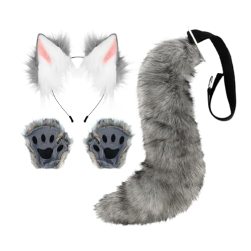 LCSVCCXA Set mit Ohren und Schwanz, Handschuhe in Pfotenform, Halloween-Zubehör, handgemachte Accessoires mit Biest, Ohren, Weiß Grau LCSVCCXA Set mit Ohren und Schwanz, Handschuhe in Pfotenform, Halloween-Zubehör, handgemachte Accessoires mit Biest, Ohren, Weiß Grau von LCSVCCXA
