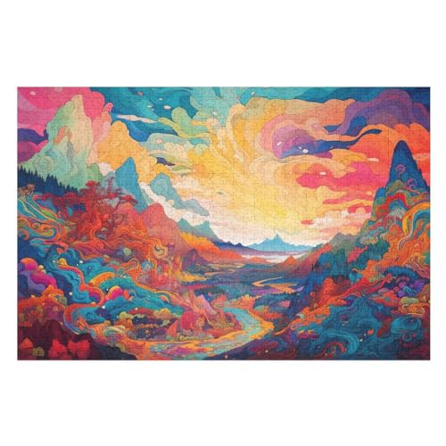 Psychedelische abstrakte Kunst Puzzle 1000 Teile, Holzpuzzle Für Erwachsene Kinder, Impossible Puzzles, Geschicklichkeitsspiel Für Die Ganze Familie （75×50cm） von LCWWW