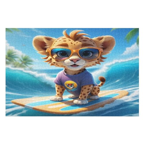 Surfenen Cheetah Puzzle 1000 Teile, Holzpuzzle Für Erwachsene Kinder, Impossible Puzzles, Geschicklichkeitsspiel Für Die Ganze Familie （75×50cm） von LCWWW