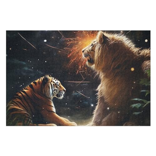 Tiger Löwe Holzpuzzle 1000 Teile, Knobelspiele Für Erwachsene, Teenager, Puzzles Unmögliche - Kinder Puzzle Zimmer Deko （75×50cm） von LCWWW